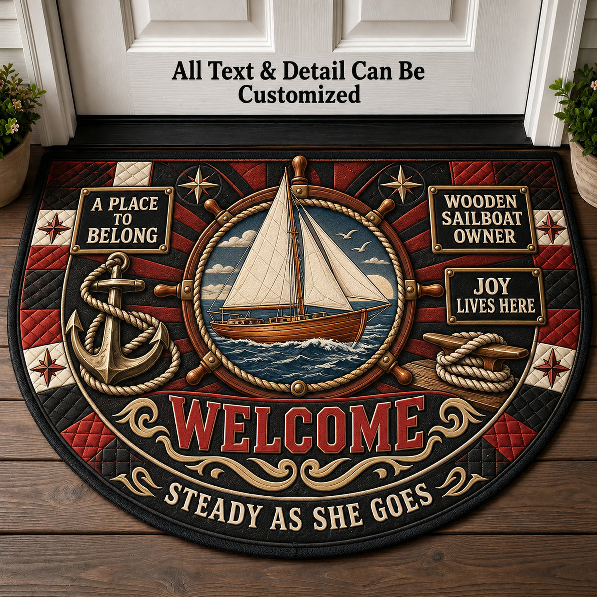 Wooden Sailboat Owner Personalized Half Round Mat | 5To9Vibe