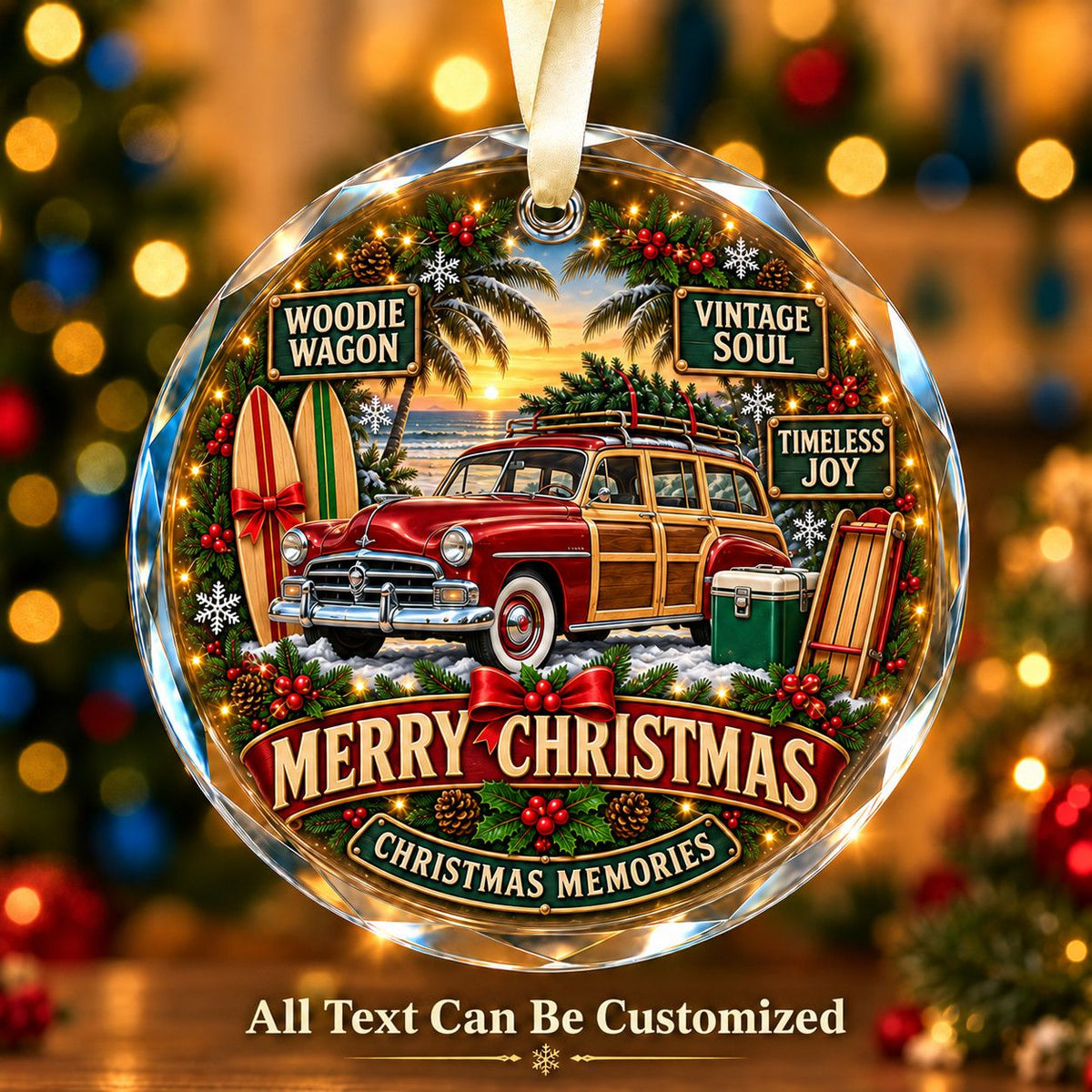 Woodie Wagon Personalized Glass Ornament | 5To9Vibe