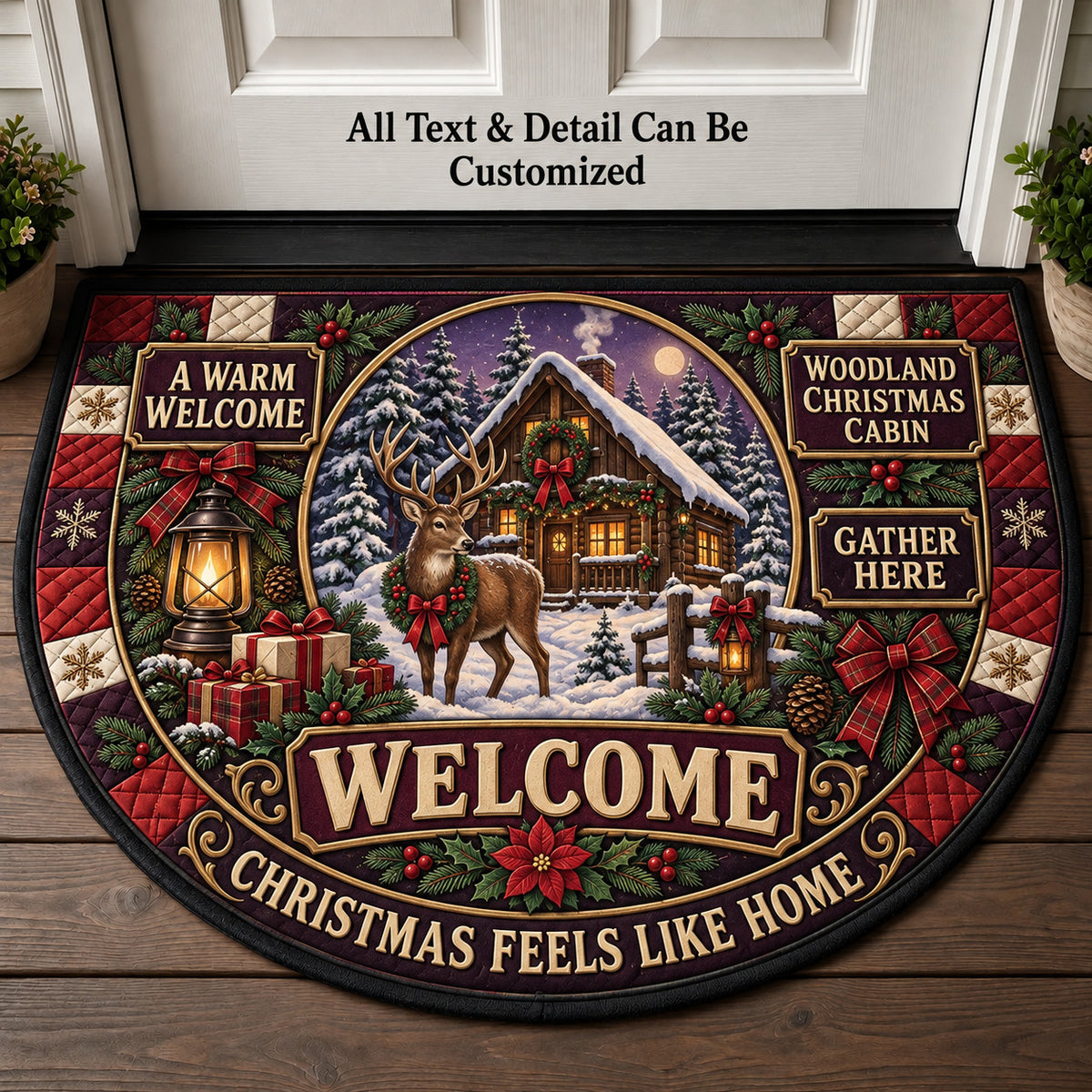 Woodland Christmas Cabin Personalized Half Round Mat | 5To9Vibe