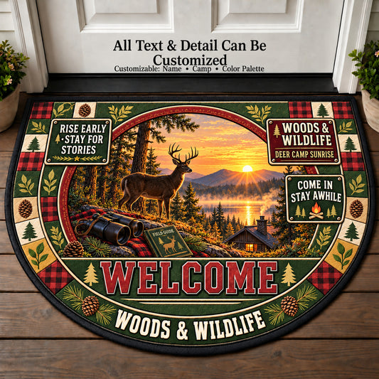 Deer Camp Sunrise - Woods Wildlife Personalized Half Round Mat | 5To9Vibe