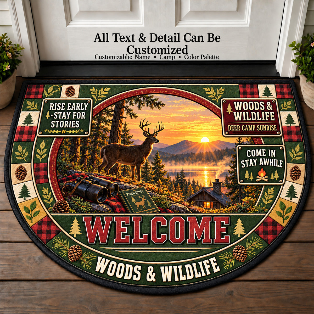 Deer Camp Sunrise - Woods Wildlife Personalized Half Round Mat | 5To9Vibe