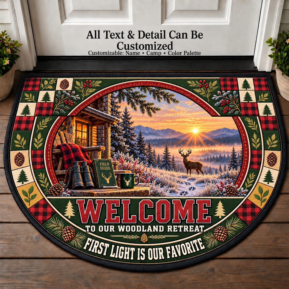 Frosty Dawn Trail - Woods Wildlife Personalized Half Round Mat | 5To9Vibe