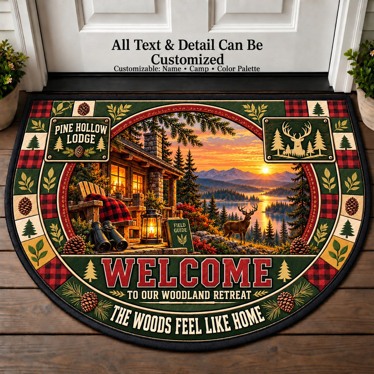 Pine Hollow Lodge - Woods Wildlife Personalized Half Round Mat | 5To9Vibe