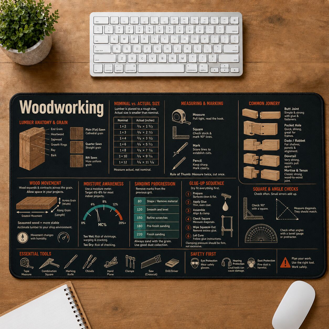 Woodworking Cheat Sheet Quick Reference Guide Desk Mat | 5To9Vibe