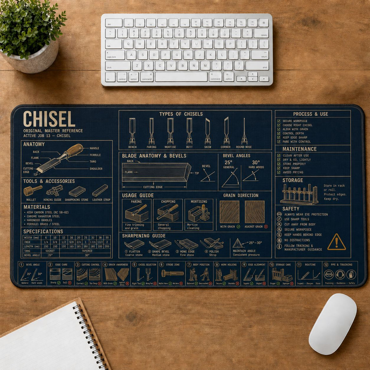 Woodworking Chisel Home and Workshop Technical Guide Desk Mat | 5To9Vibe