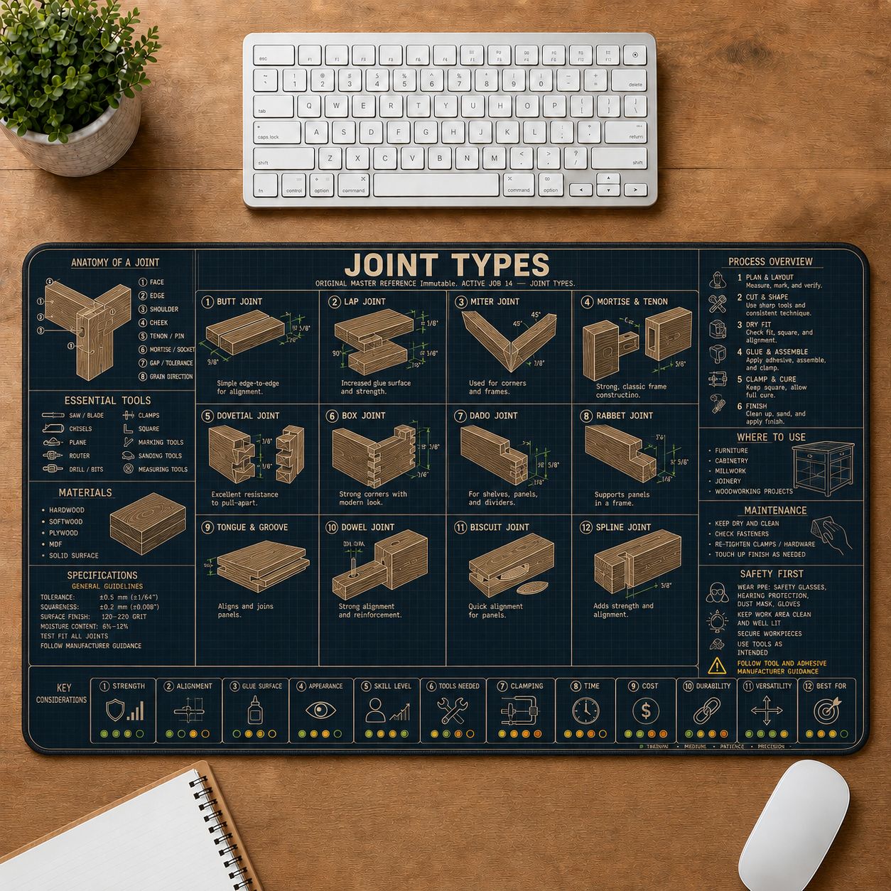 Woodworking Joint Types Home and Workshop Technical Guide Desk Mat | 5To9Vibe