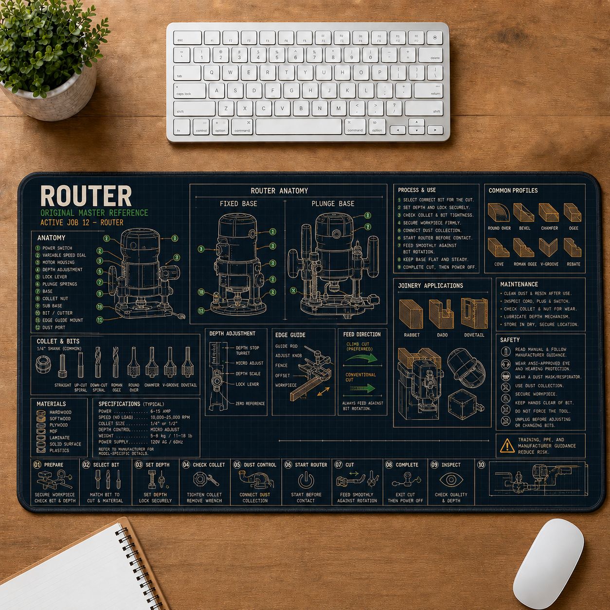 Woodworking Router Home and Workshop Technical Guide Desk Mat | 5To9Vibe