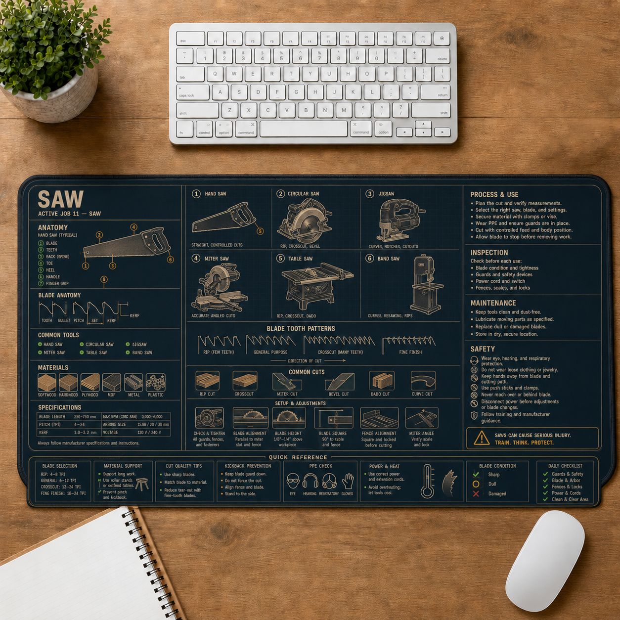Woodworking Saw Home and Workshop Technical Guide Desk Mat | 5To9Vibe