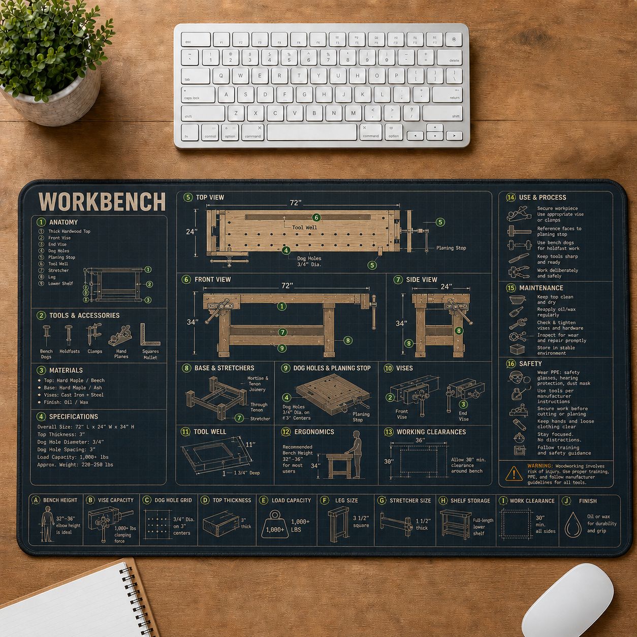Woodworking Workbench Home and Workshop Technical Guide Desk Mat | 5To9Vibe