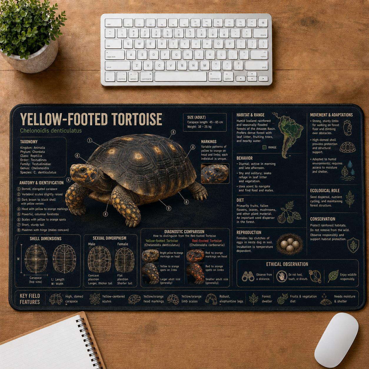 Yellow-Footed Tortoise Turtle and Tortoise Species Guide Desk Mat | 5To9Vibe