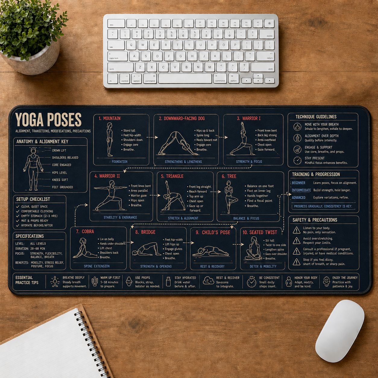 Yoga Poses Fitness Training Guide Desk Mat | 5To9Vibe