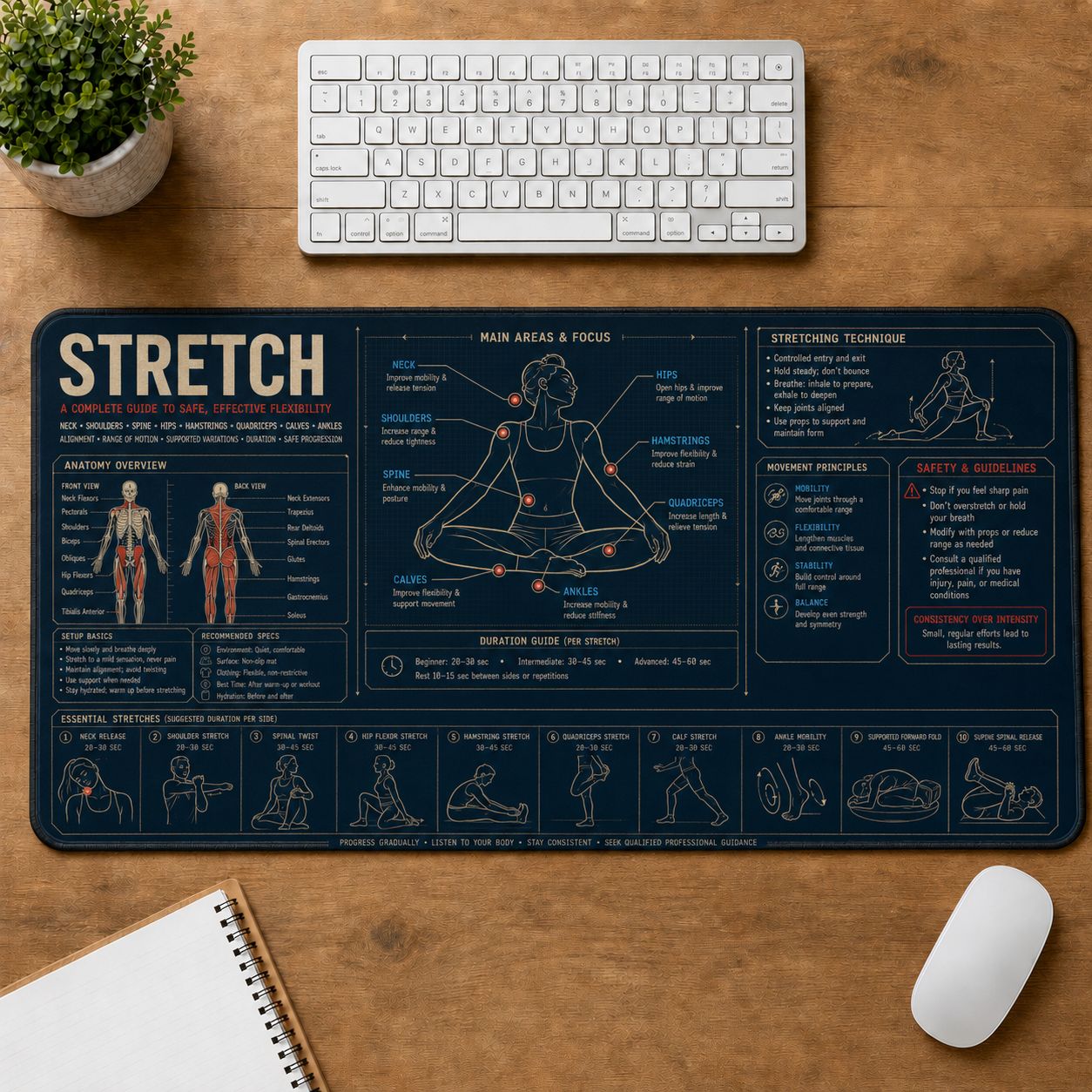 Yoga Stretch Fitness Training Guide Desk Mat | 5To9Vibe
