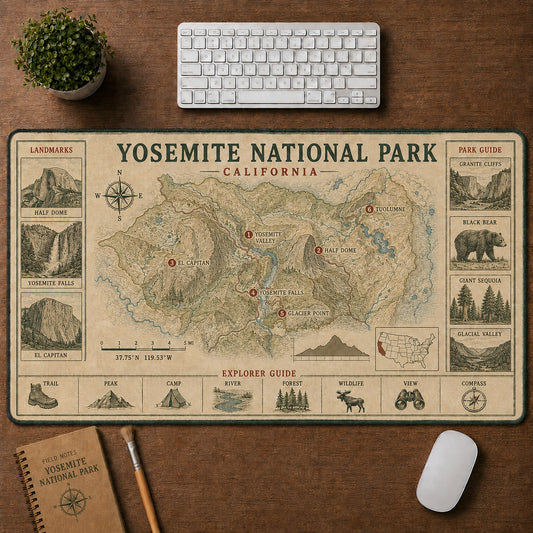 Yosemite National Park Vintage Topographic Park Map Explorer Guide Desk Mat | 5To9Vibe