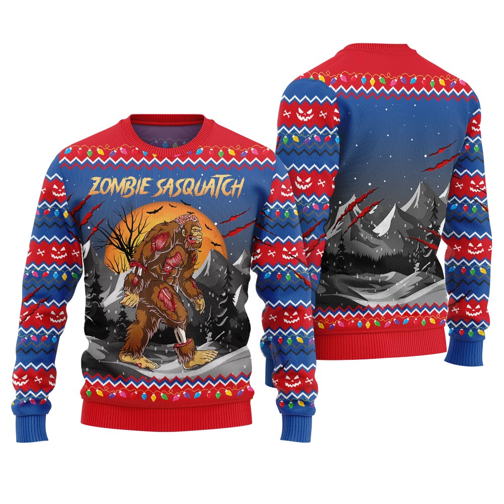 Zombie Sasquatch Funny Ugly Halloween Sweater Royal