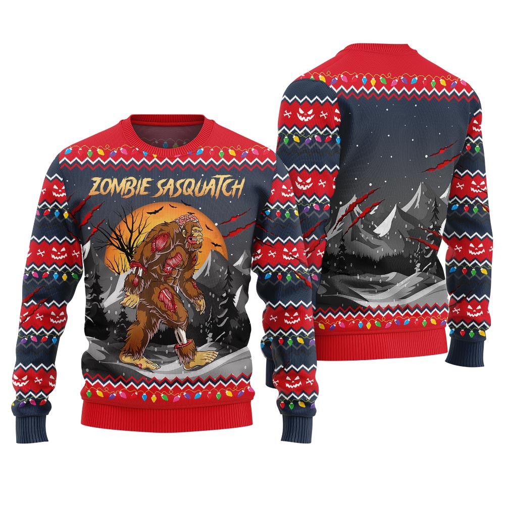 Zombie Sasquatch Halloween Ugly Sweater Navy
