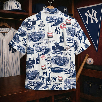 Camisa Hawaiana Unisex Vintage con Botones Edición Legado del Eslogan del Estadio de Béisbol Y de Nueva York