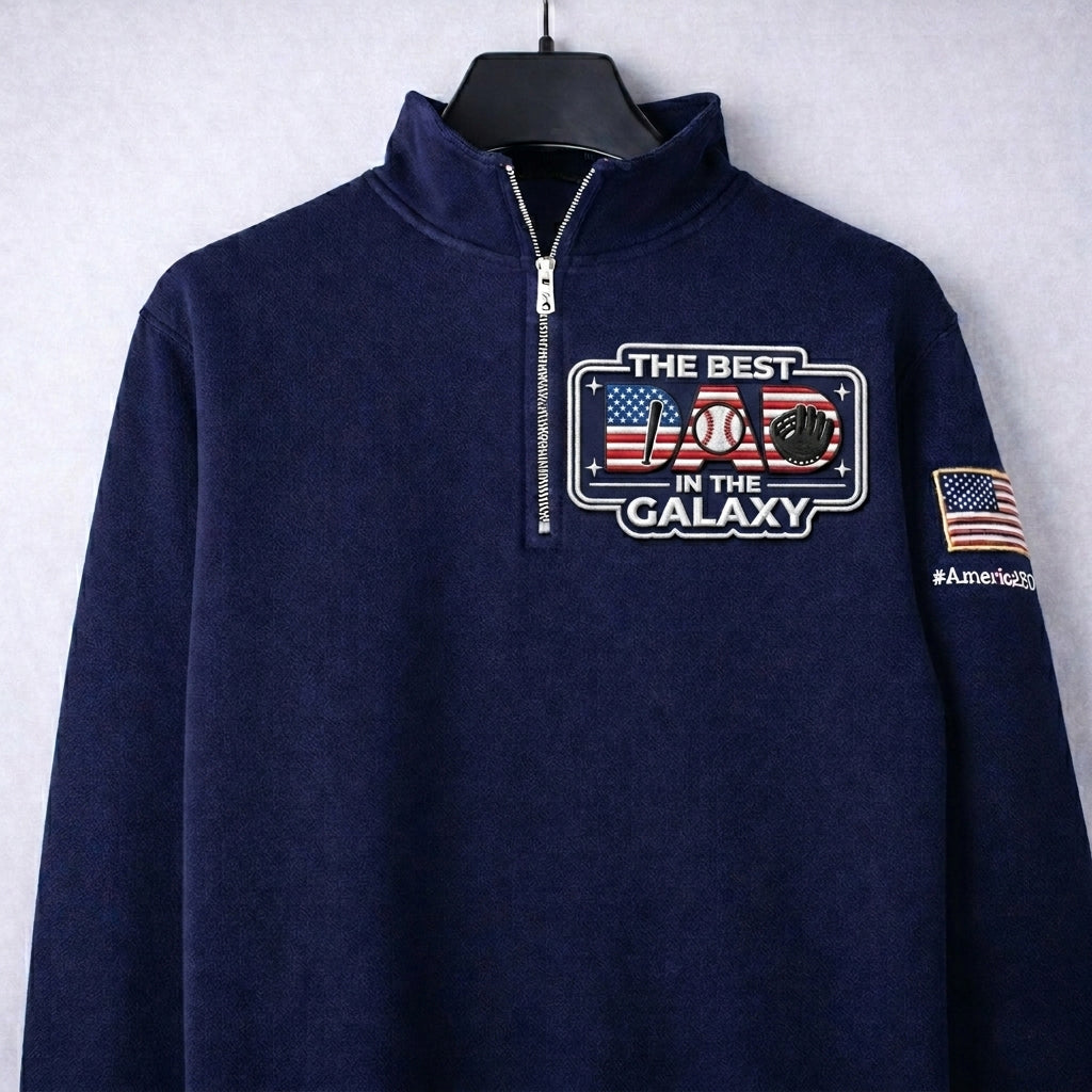 Béisbol The Best Dad In The Galaxy América 250 Aniversario Logo Bordado Sudadera Premium de Cuarto de Cremallera, Suéter de Cuarto de Cremallera Inspirado
