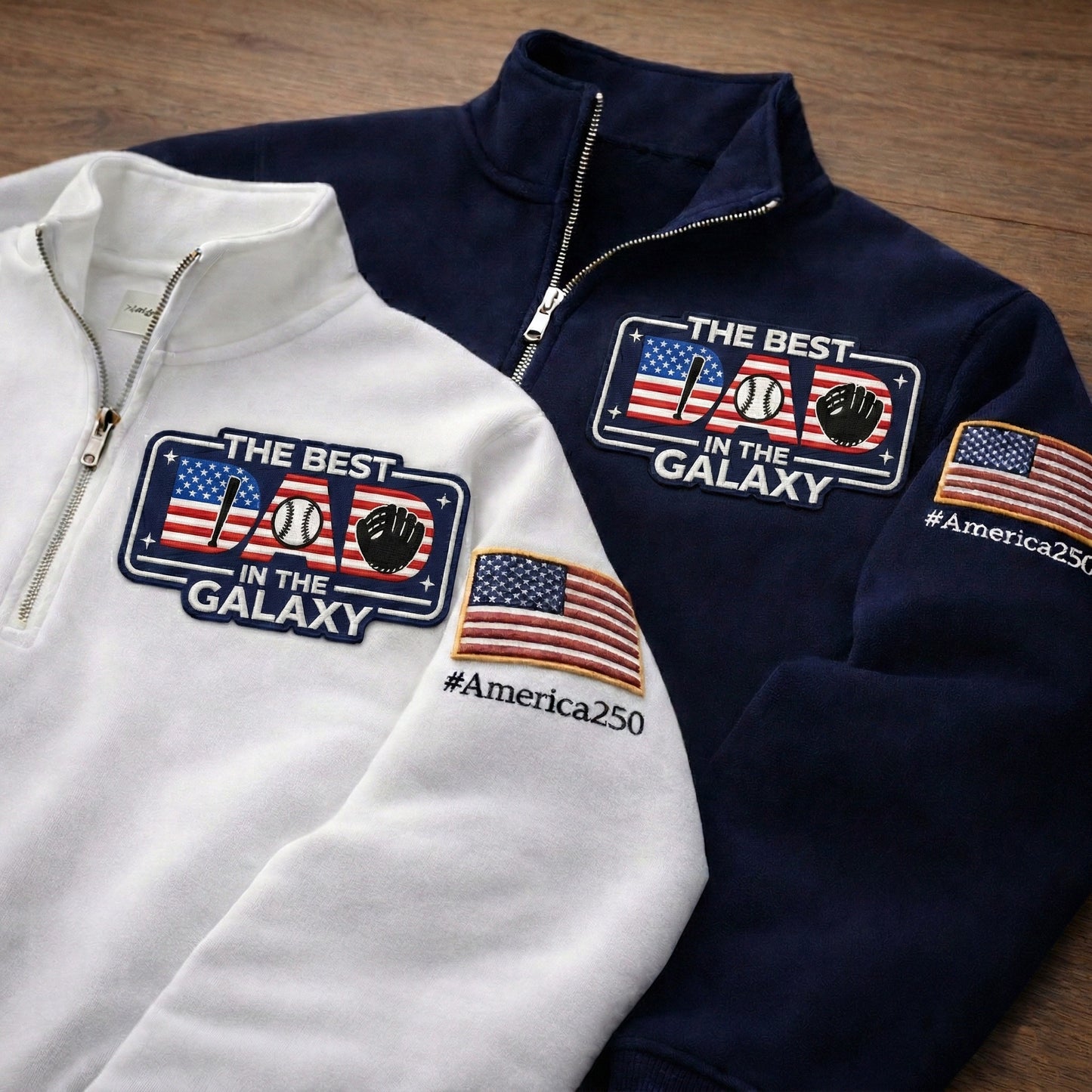 Béisbol The Best Dad In The Galaxy América 250 Aniversario Logo Bordado Sudadera Premium de Cuarto de Cremallera, Suéter de Cuarto de Cremallera Inspirado