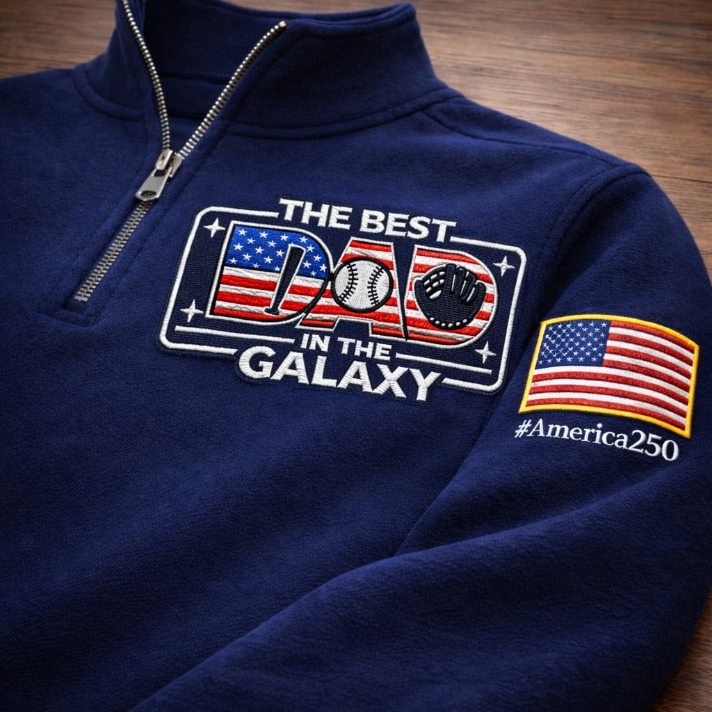 Béisbol The Best Dad In The Galaxy América 250 Aniversario Logo Bordado Sudadera Premium de Cuarto de Cremallera, Suéter de Cuarto de Cremallera Inspirado