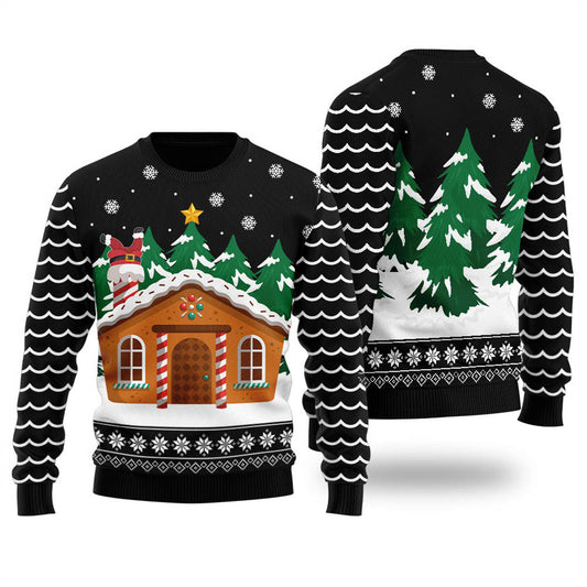 Merry Gingerbread House Ugly Holiday Sweater Black - Funny Ugly Christmas Sweater
