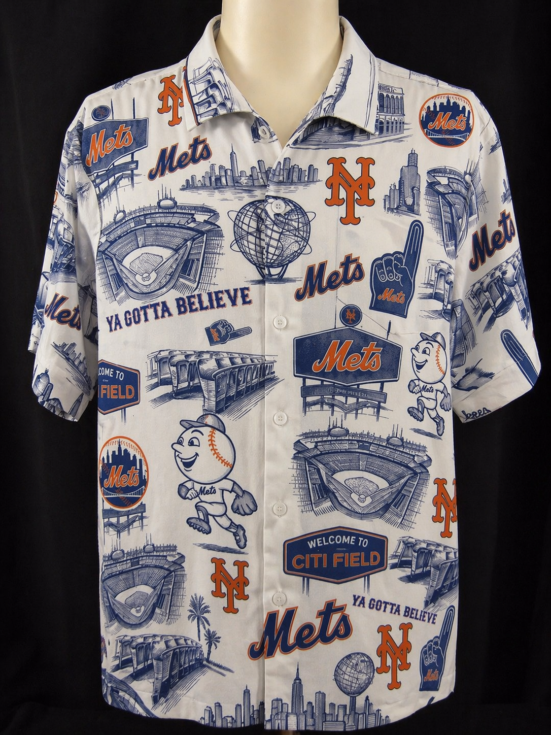 Camisa Hawaiana Unisex Abotonada Edición Legado Clásico con el Eslogan del Estadio de Béisbol NYM