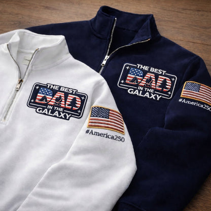 Camping The Best Dad In The Galaxy America 250 Anniversary Embroidered Logo Premium Quarter Zip Sweatshirt, Inspired Quarter Zip Sweater