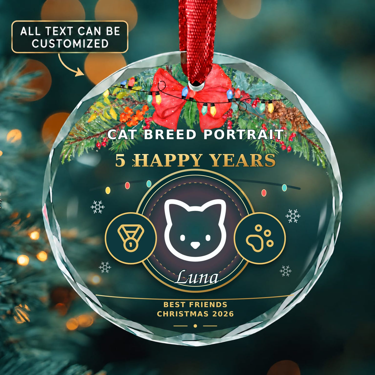 Cat Breed Portrait Personalized Glass Ornament | 5To9Vibe