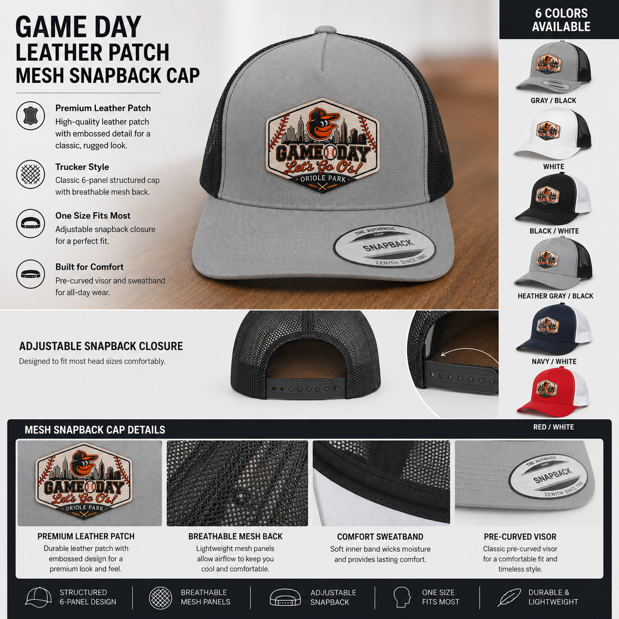 All Teams Baseball Logo Game Day Leather Patch Premium Mesh Snap Back Cap | Trucker Cap