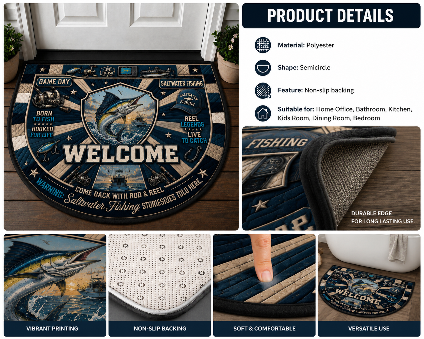 Fishing Guide Outdoor Adventures Quilted Print Premium Welcome Mat – Personalized Doormat