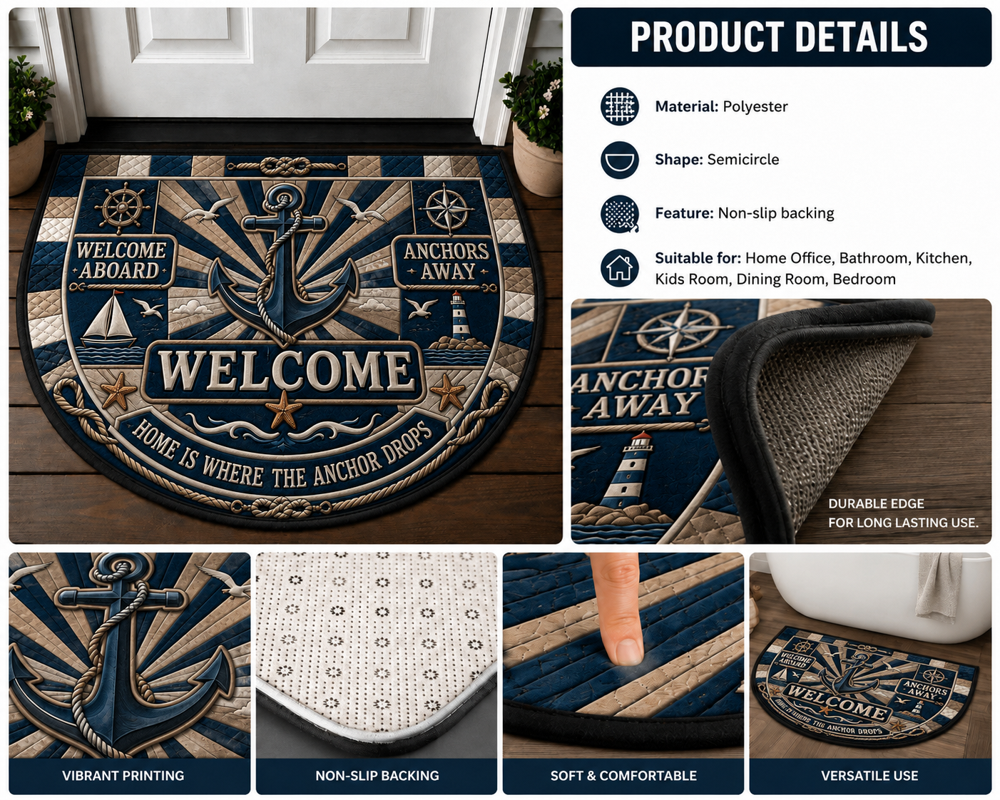 Wipe Your Flippers Whale Welcome Mat - Coastal Lighthouse & Ocean Doormat - 5to9vibe