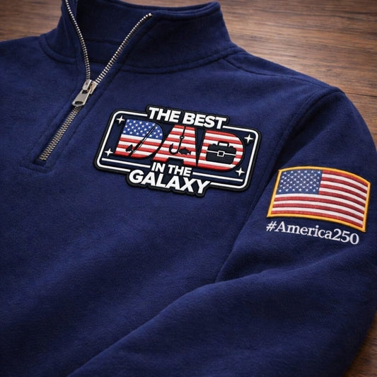Fishing The Best Dad In The Galaxy America 250 Anniversary Embroidered Logo Premium Quarter Zip Sweatshirt, Inspired Quarter Zip Sweater