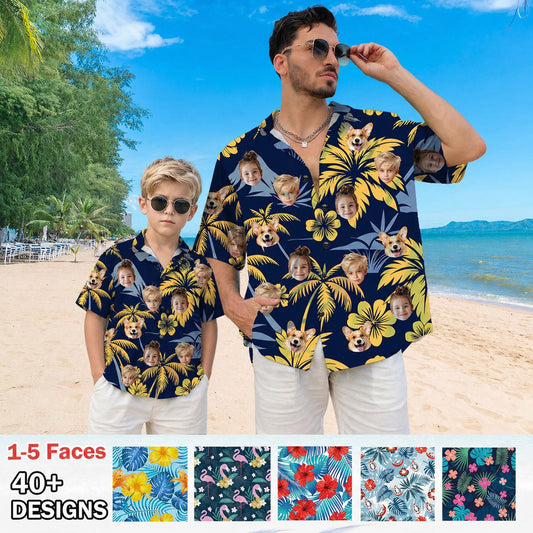Custom Face Hawaiian Shirt Tropical  Pattern Beach Vibe  Button-Up Unisex Hawaiian Shirt For Men & Women, Kids
