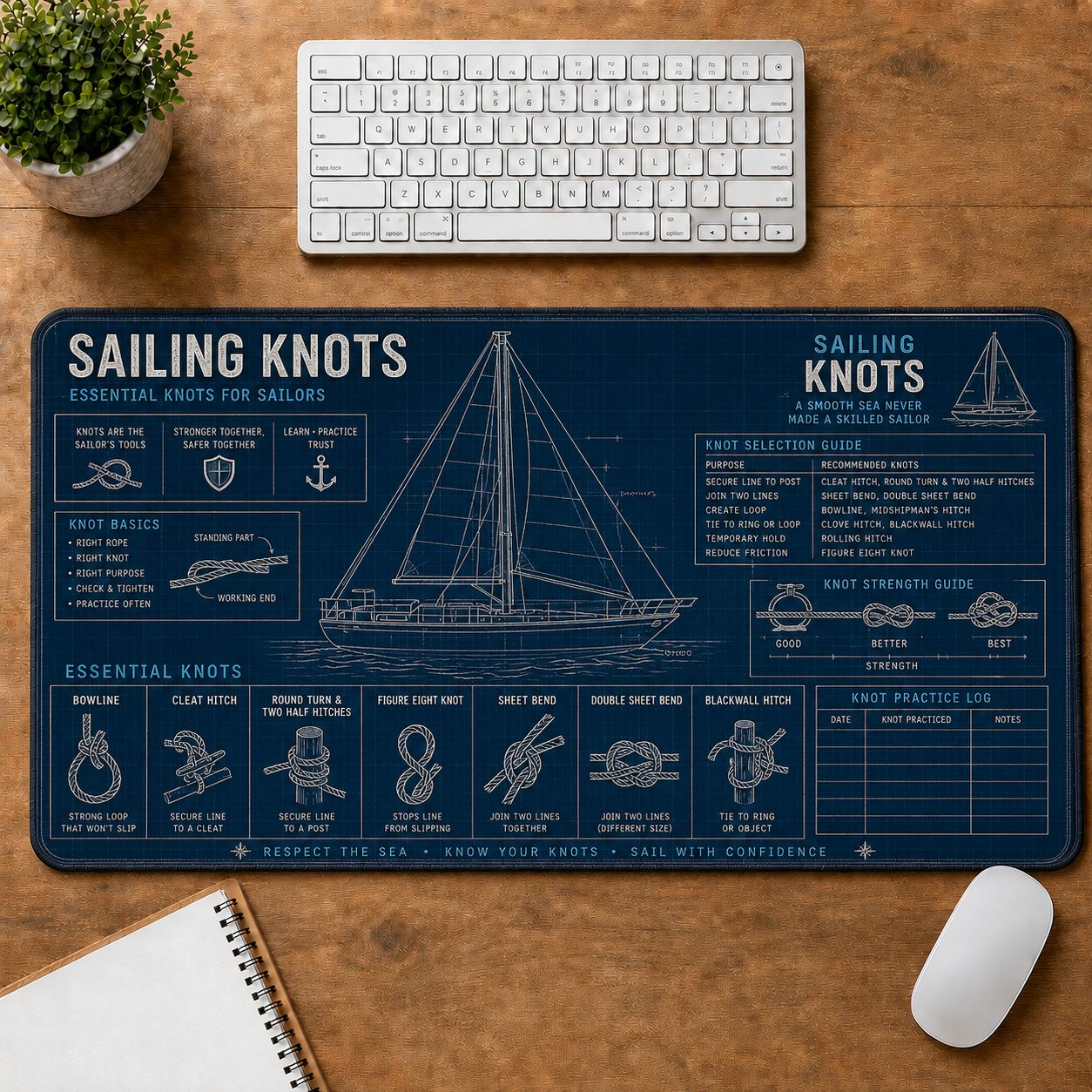Sailing Knots Hobby Knowledge Blueprint Guide Desk Mat | 5To9Vibe