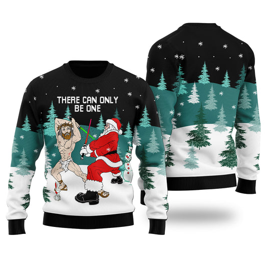 Santa Fighting For Christmas Ugly Christmas Sweater Black - Funny Ugly Christmas Sweater