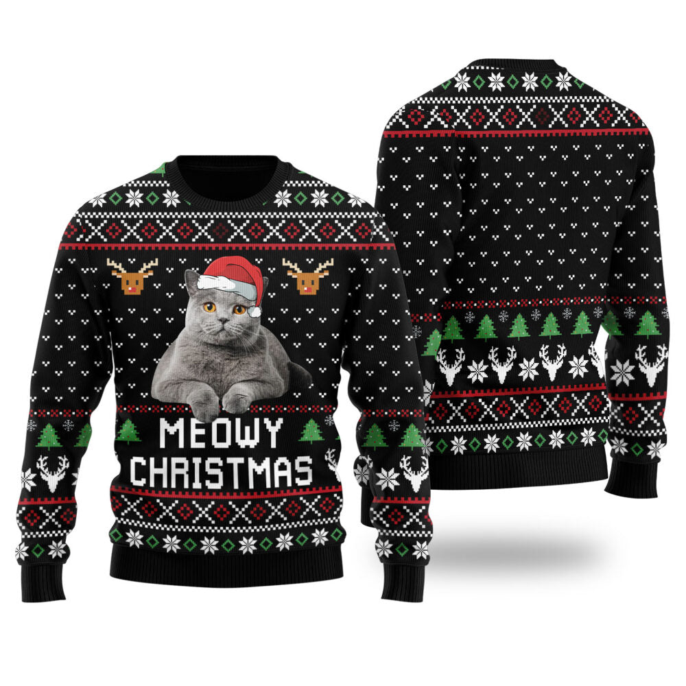 Meowy Christmas Custom Cat Christmas Sweater Black - Funny Ugly Christmas Sweater