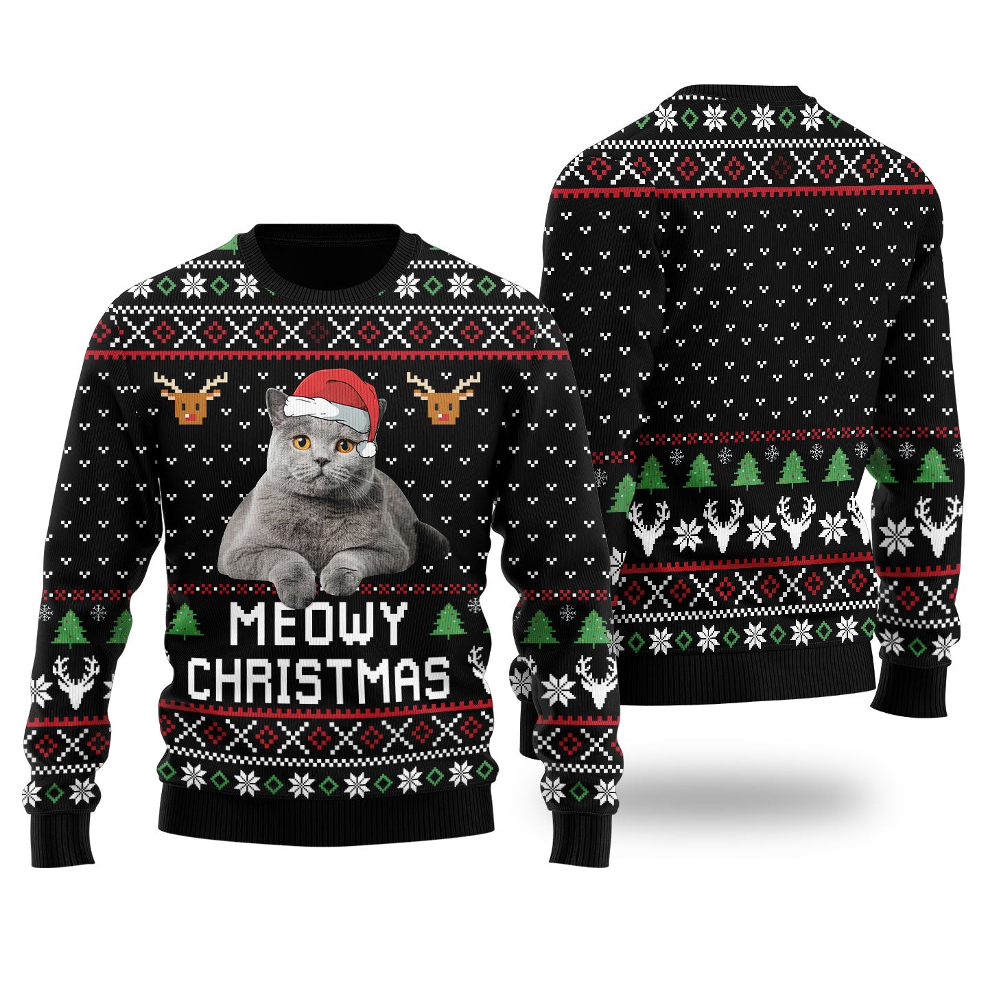 Meowy Christmas Custom Cat Christmas Sweater Black - Funny Ugly Christmas Sweater