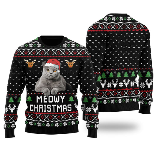 Meowy Christmas Custom Cat Christmas Sweater Black - Funny Ugly Christmas Sweater