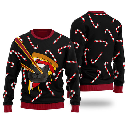 Pizza Cat With Laser Eyes Ugly Christmas Sweater Black