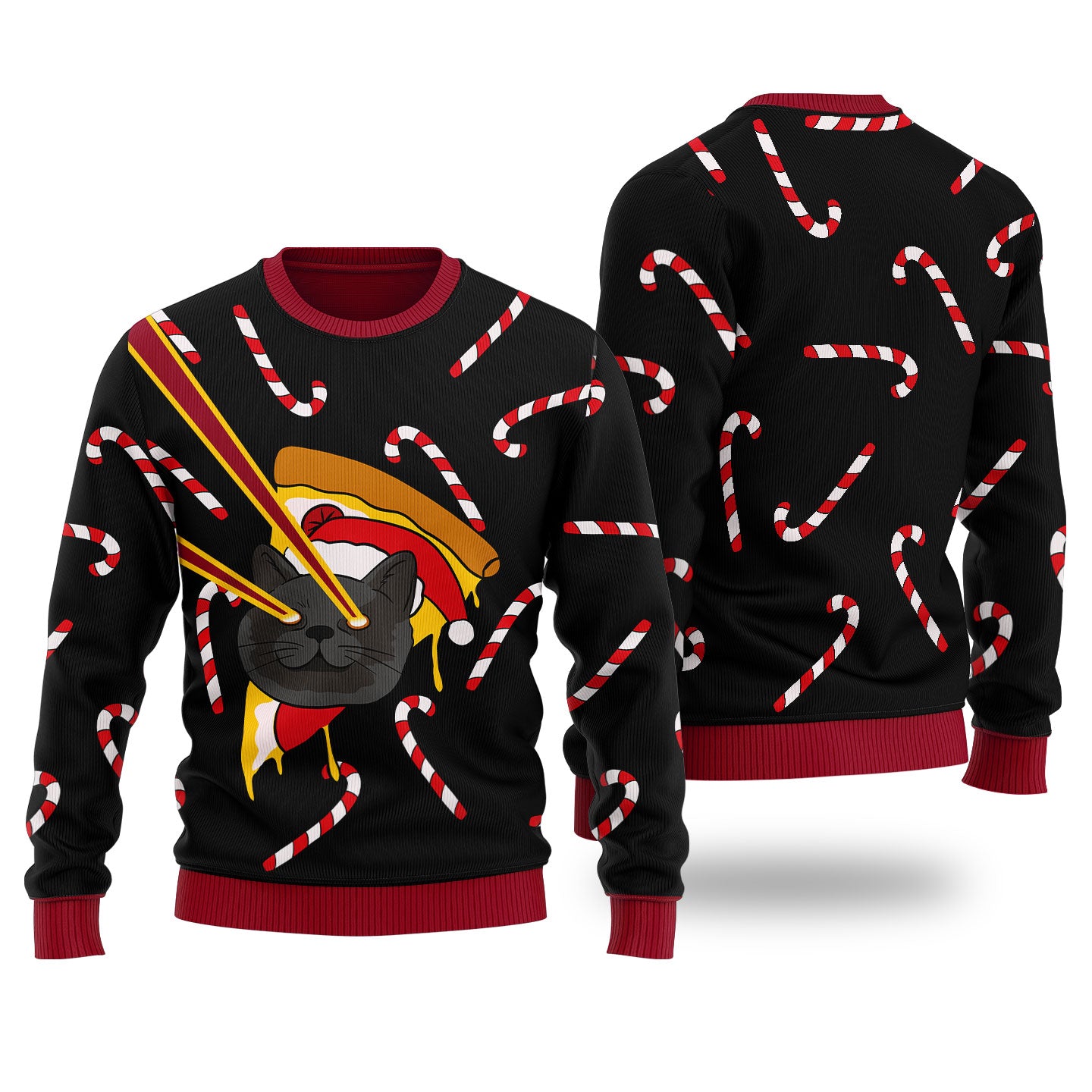 Pizza Cat With Laser Eyes Ugly Christmas Sweater Black