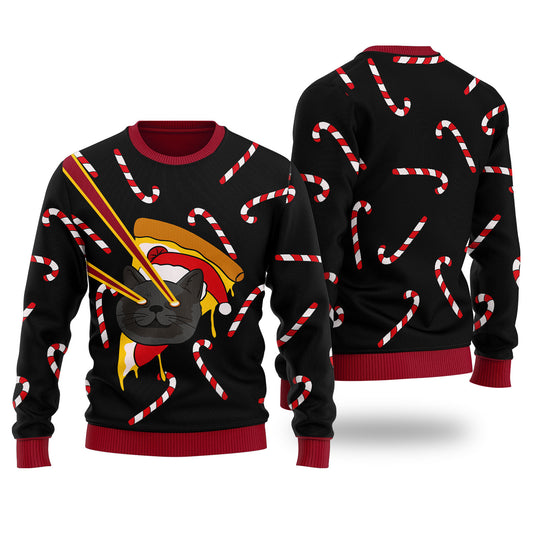 Pizza Cat With Laser Eyes Ugly Christmas Sweater Black