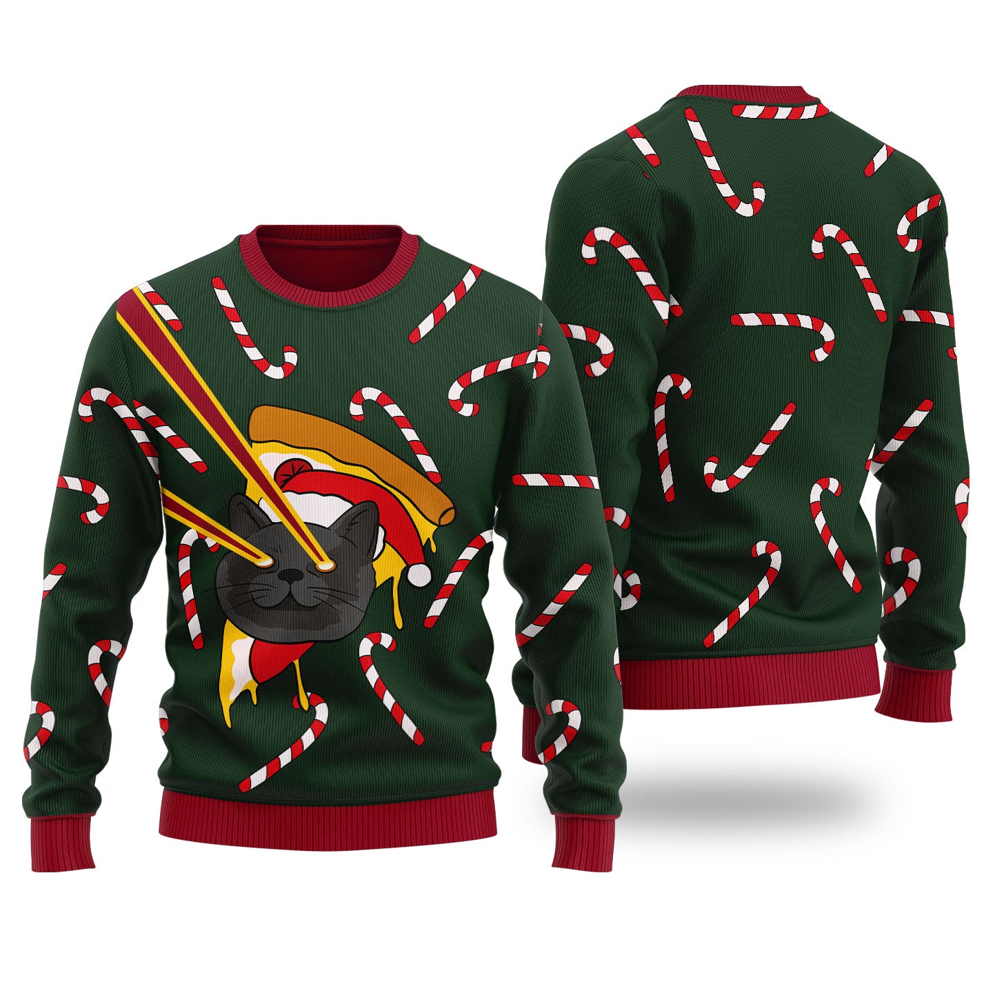 Pizza Cat With Laser Eyes Ugly Christmas Sweater Forest Green