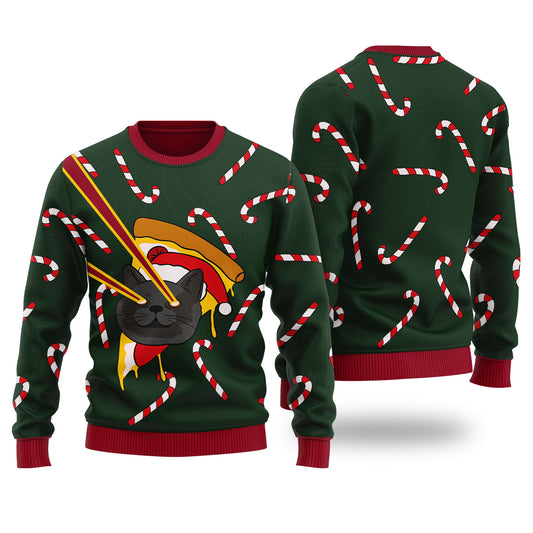 Pizza Cat With Laser Eyes Ugly Christmas Sweater Forest Green