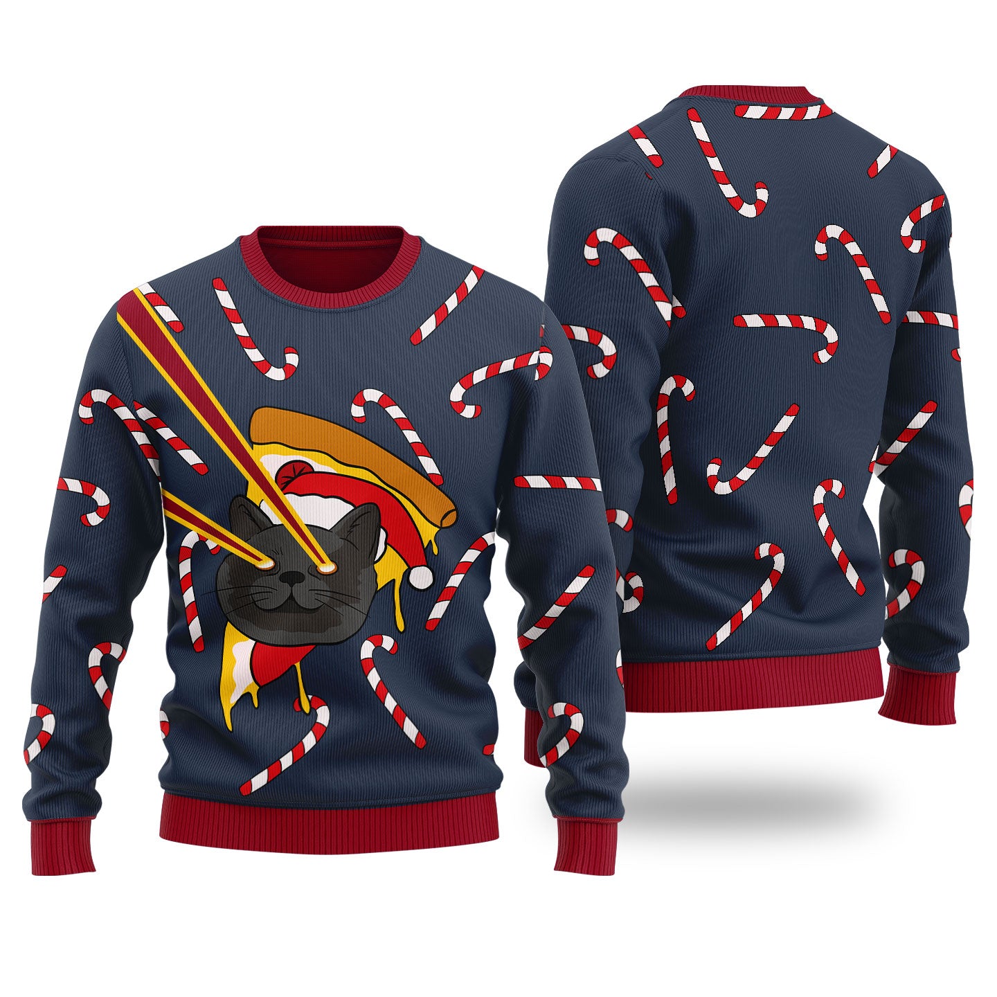 Pizza Cat With Laser Eyes Ugly Christmas Sweater Navy