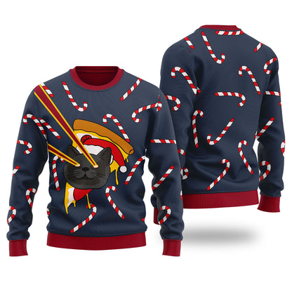 Pizza Cat With Laser Eyes Ugly Christmas Sweater Navy