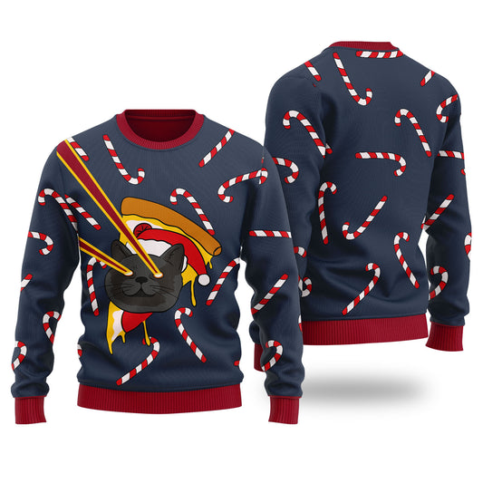 Pizza Cat With Laser Eyes Ugly Christmas Sweater Navy