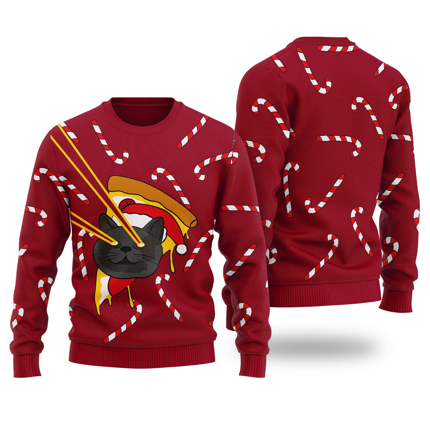 Pizza Cat With Laser Eyes Ugly Christmas Sweater Cardinal Red