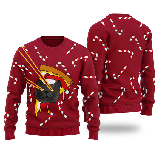 Pizza Cat With Laser Eyes Ugly Christmas Sweater Cardinal Red