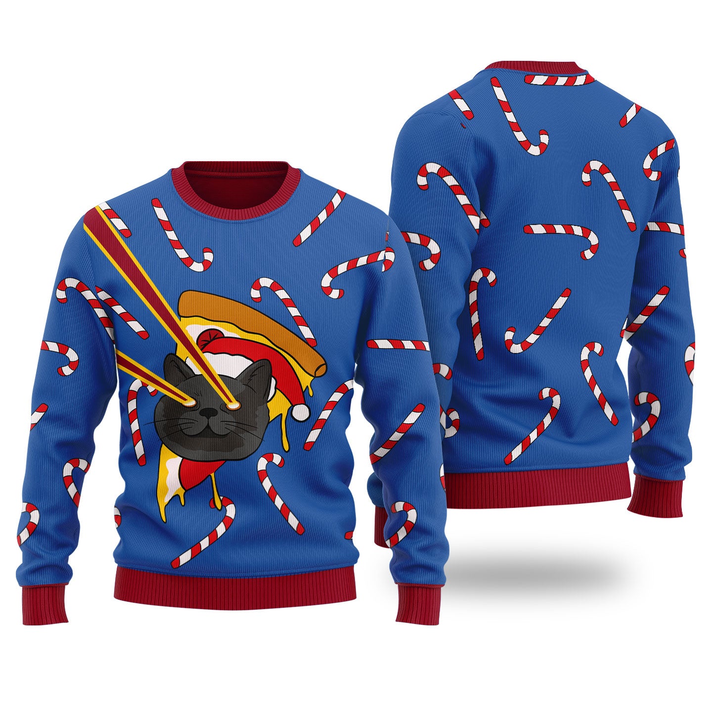 Pizza Cat With Laser Eyes Ugly Christmas Sweater Royal