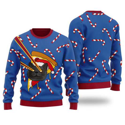 Pizza Cat With Laser Eyes Ugly Christmas Sweater Royal