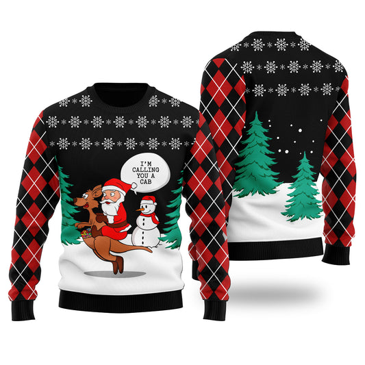 Santa Riding Kangaroo Ugly Christmas Sweater Black